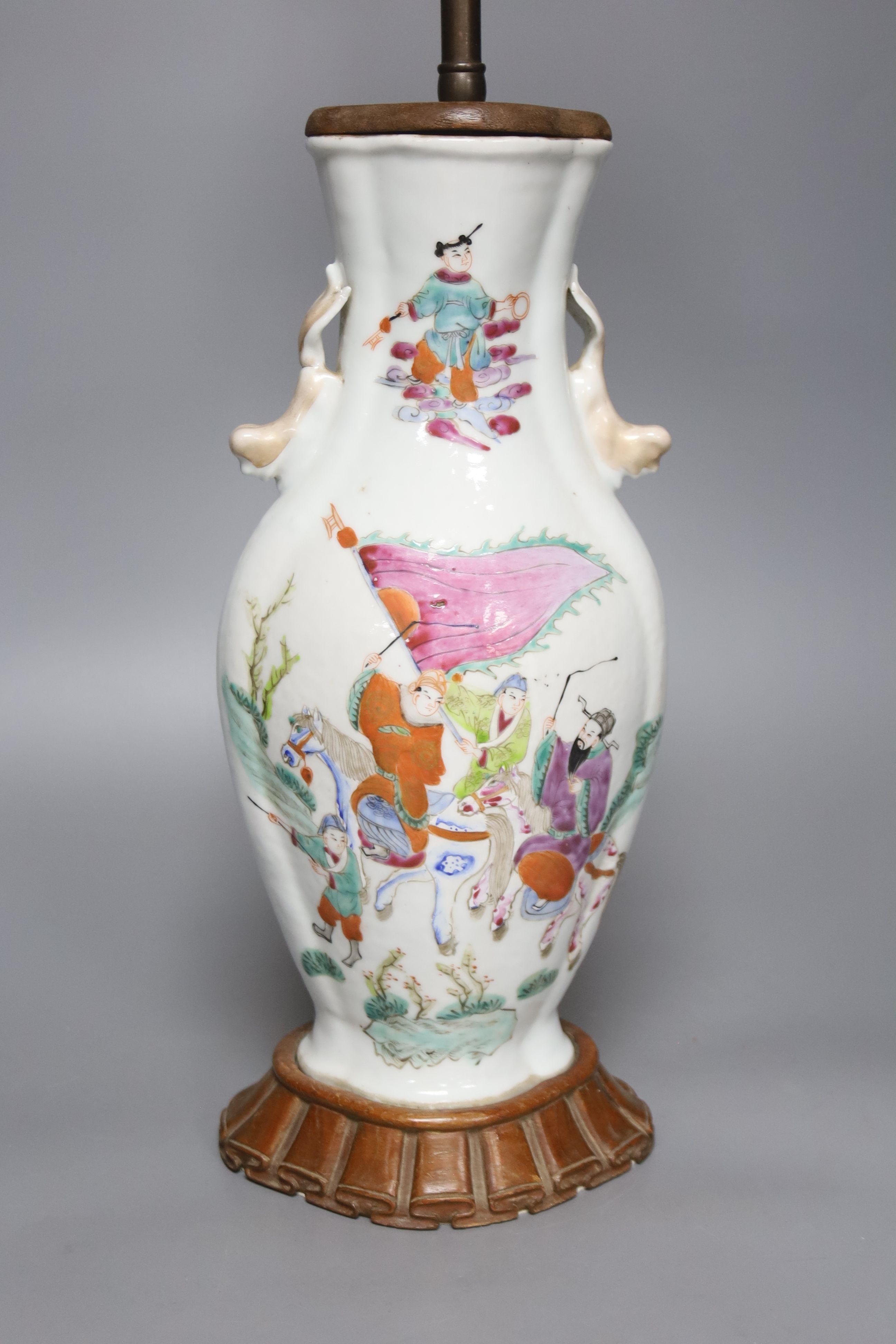 A Chinese famille rose converted lamp, late Qing, overall height 66cm